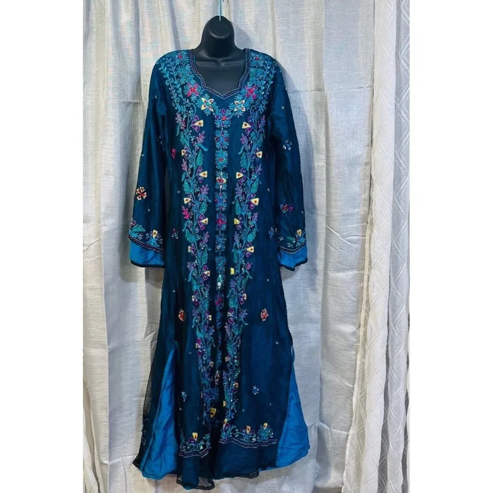 Dress gown maxi abaya turquoise green blue embroidered boho fashion - Picture 2 of 12